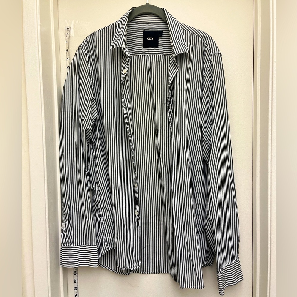 White/ taupe striped long sleeve collared shirt